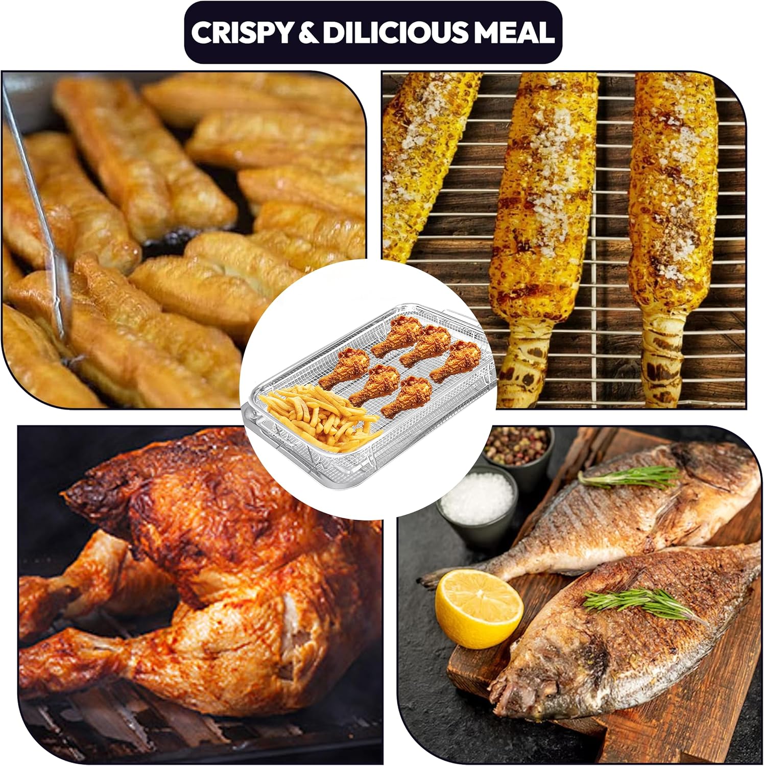 OvenCrisp Air Fryer Basket - 15.6" X 11.6" Large Stainless Steel Pan & Crisper Tray Set with 30 Parchment Papers