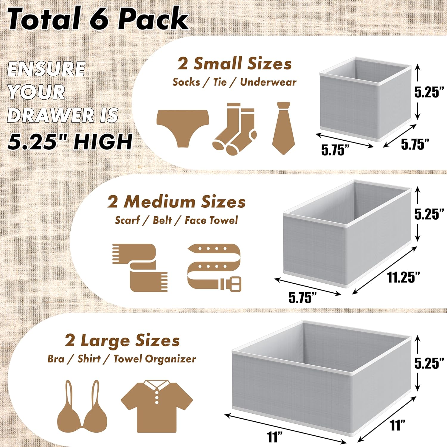 Simple Houseware Underwear Drawer Organizer - Set of 6 for Lingerie, Bras, and Socks | Gray