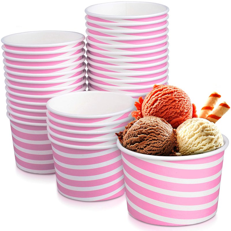 TYPTOP Premium Paper Ice Cream Cups, 50-Pack 5.5 oz Disposable Dessert cups for Hot and Cold, 5.5-ounce pink stripe