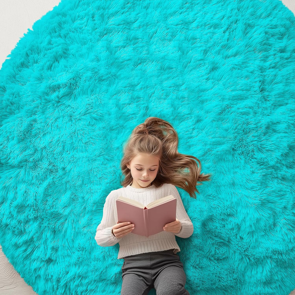 OLANLY Teal Blue Round Area Rug - Soft, Machine Washable 7 ft Shaggy Carpet for Bedrooms & Nurseries