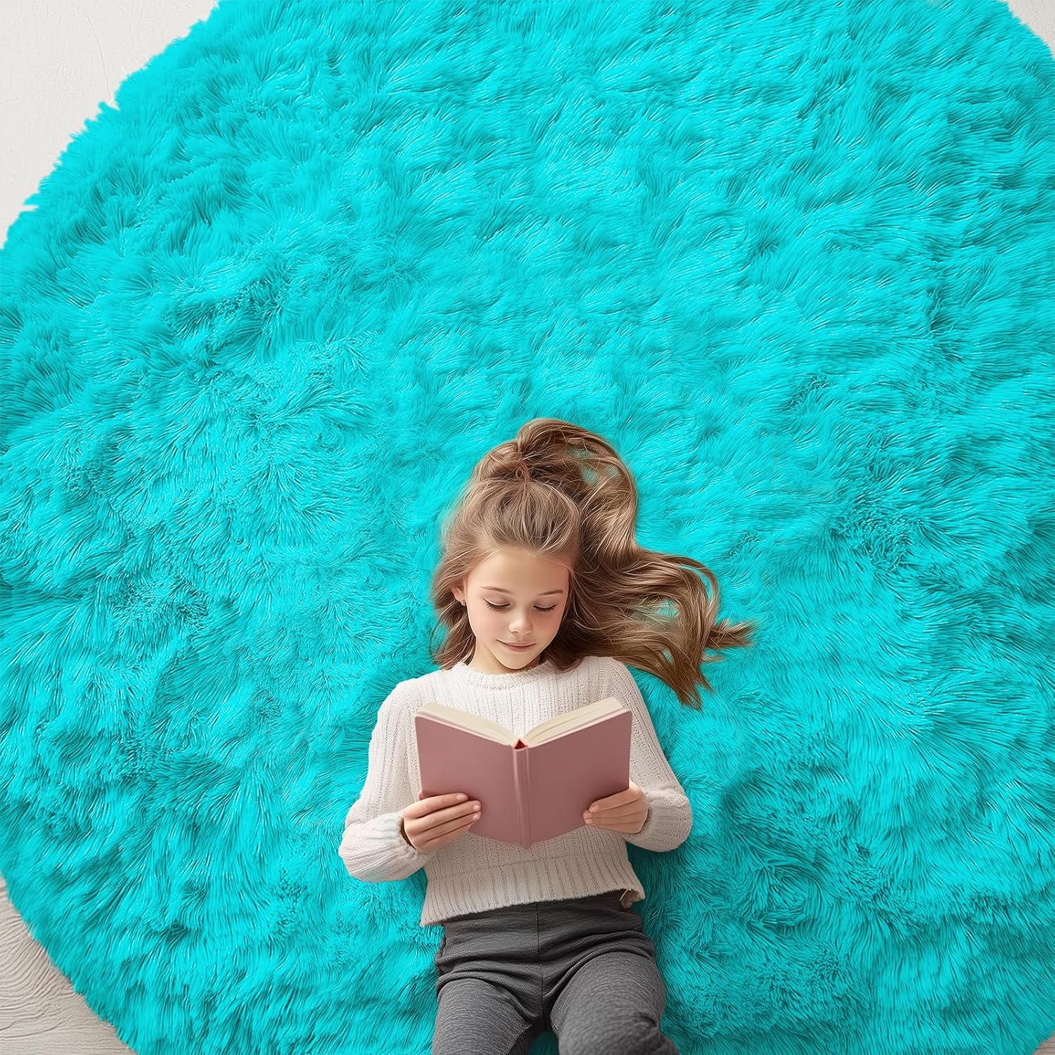 OLANLY Teal Blue Round Area Rug - Soft, Machine Washable 7 ft Shaggy Carpet for Bedrooms & Nurseries