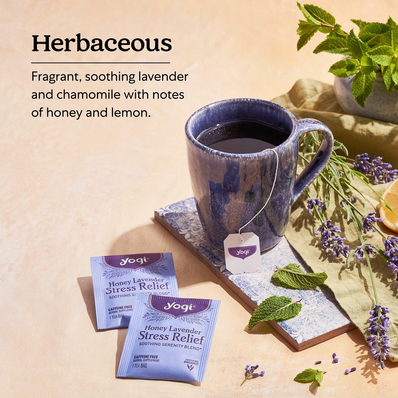 Yogi Tea Honey Lavender Stress Relief Tea - 16 Tea Bags per Pack (6 Packs) - Organic Chamomile Lavender Tea - Includes Lemon Balm, Lemongrass, Spearmint Leaf, Peppermint Leaf, Honey Flavor & More
