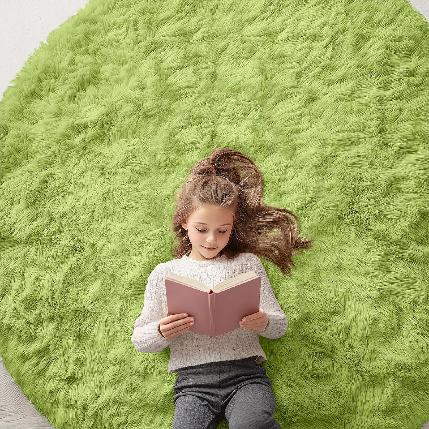 OLANLY Round Grass Green Area Rug - Soft, Fluffy, Machine Washable 6 ft Circle Carpet for Bedroom & Living Room Decor