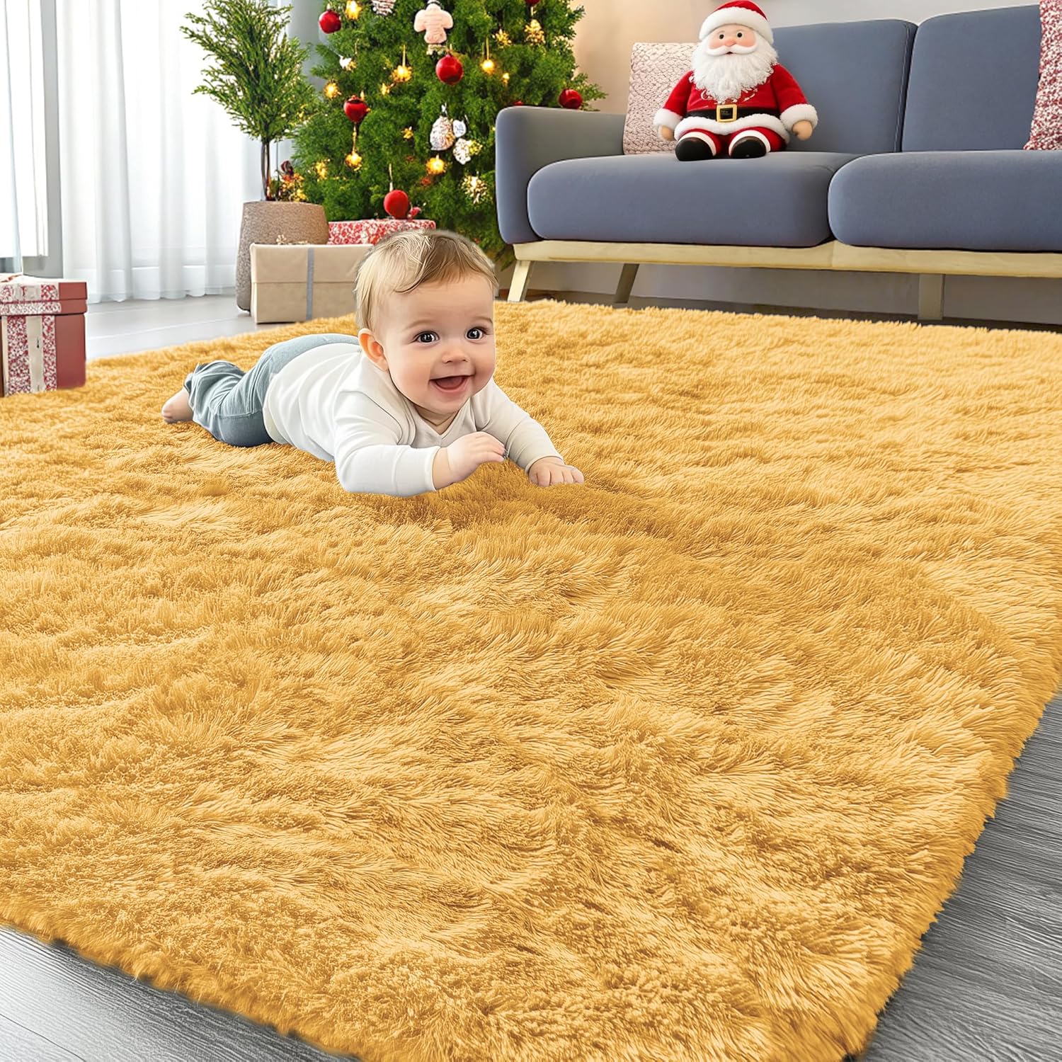 OLANLY Area Rug - Soft Fluffy Shaggy Carpet for Living Room & Bedroom | Machine Washable 4x5.9 ft in Mustard Yellow