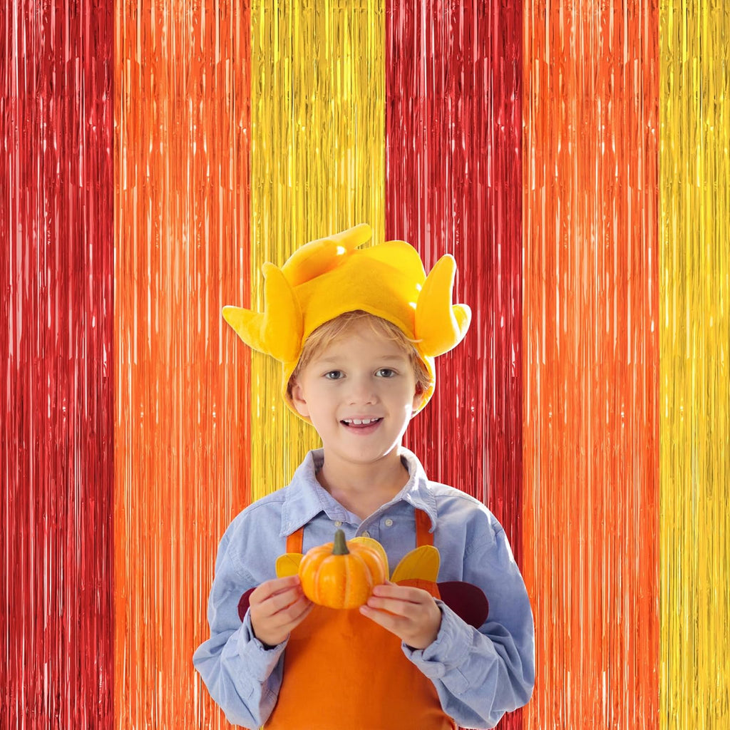 Skiennix Thanksgiving Backdrop - 2 Pack Metallic Fringe Curtains | 3.28 FT x 7.05 FT Red, Orange, Gold Decor