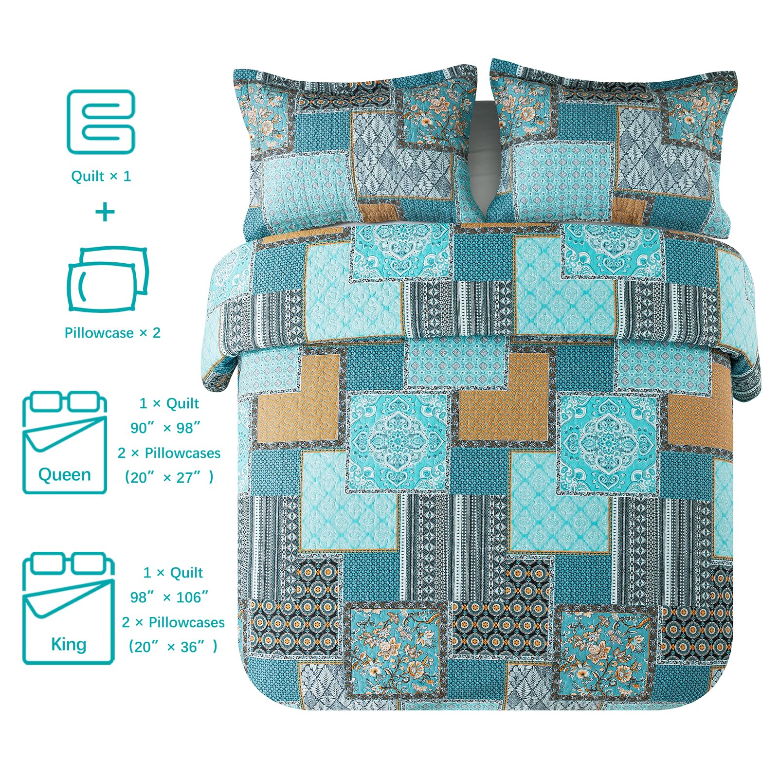 VAPUTAR Cotton Quilt Queen Size Bedding Set - 3 Pieces Queen Quilt Bedding Set, Boho Queen Size Quilts, Lightweight Reversible Coverlets Bedspreads for Farmhouse Bedroom