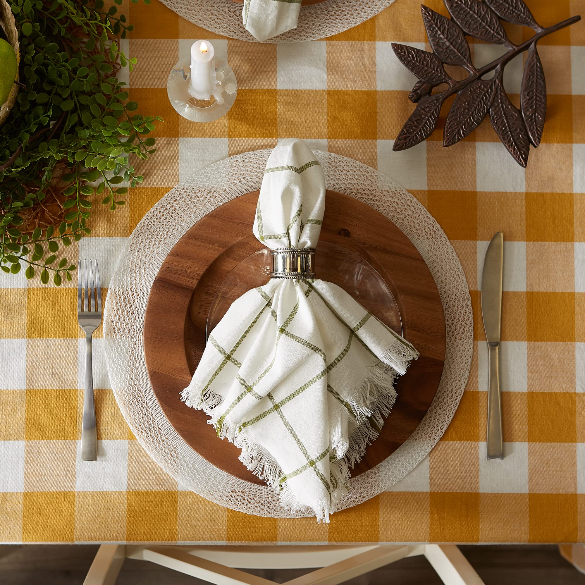 DII Buffalo Check Collection, Classic Farmhouse Tablecloth, 52 x 52, Honey Gold