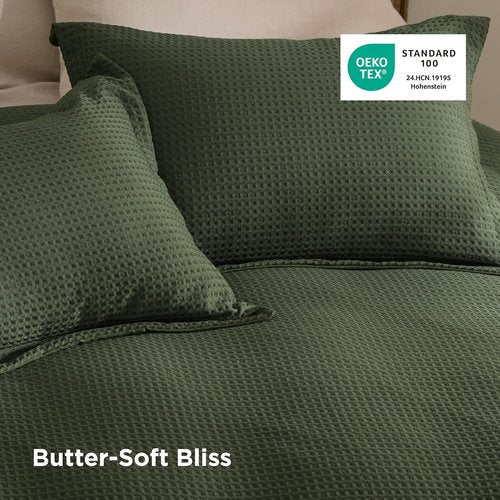 Bedsure Luxury Waffle Duvet Cover - Soft Olive Green Queen Size Bedding Set with 2 Pillow Shams (90"x90")