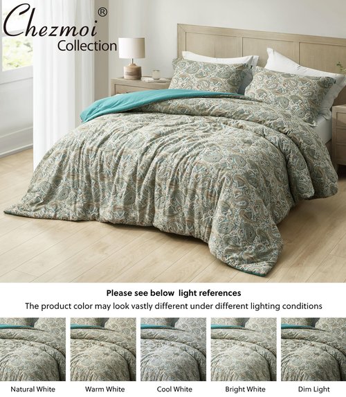 Chezmoi Collection Presley 3-Piece Queen Size Washed Cotton Paisley Comforter Set - Elegant Teal Ivory Brown Paisley Floral Printed Bedding Set Reversible Lightweight Comforter for All Season