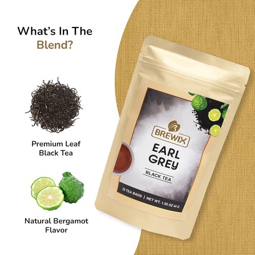 BREWIX Earl Grey Tea Bags - 22 Pyramid Bags of Long Leaf Indian Black Tea with Bergamot | Resealable Ziplock Pouch