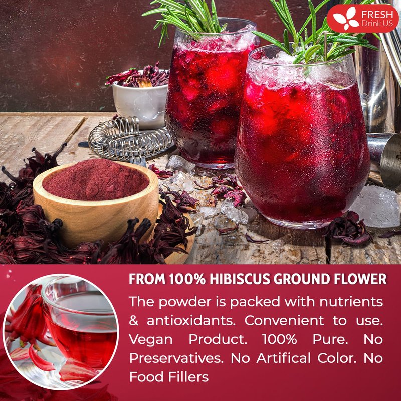 FreshDrinkUS, Premium 16oz Hibiscus Flower Powder, 100% Natural and Pure from Hibiscus Flowers, Natural Food Coloring, No Additives, No Gluten, No Sugar, Vegan
