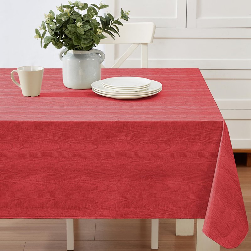Newbridge Red Moire Wavy Solid Vinyl Flannel Backed Tablecloth, 60 x 102 Inch Rectangle, Heavyweight Indoor Outdoor Waterproof Table Cover, Easy Care Wipe Clean