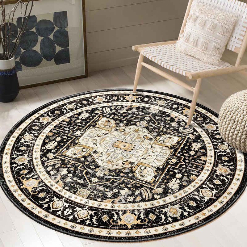 MUJOO Circle Rug 4ft,Black Round Area Rug Washable,Boho Circular Rugs for Bedroom Entryway Bathroom Living Room,Small Non Slip Throw Carpet Vintage Soft Black and Gold Floral