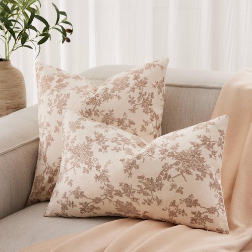 YZJZEDS 100% Cotton French Pastoral Throw Pillow Covers Set of 2, 22x22 Inch Brown Farmhouse Decorative Cushion Covers for Sofa Bed Living Room Home Decor
