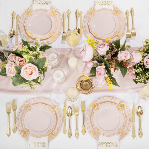 Ciaell 175 PCS Pink and Gold Plastic Plates - Fancy Gold Disposable Dinnerware Set with of 50 Plates, 25 Knives, 25 Forks, 25 Spoons, 25 Cups, 25 Napkins for Party & Weddings & Easter