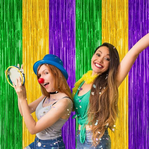 Mardi Gras Tinsel Backdrop by [Brand Name] - 2 Pack Metallic Fringe Curtain | 3.28 FT x 7.05 FT in Purple, Gold, Green