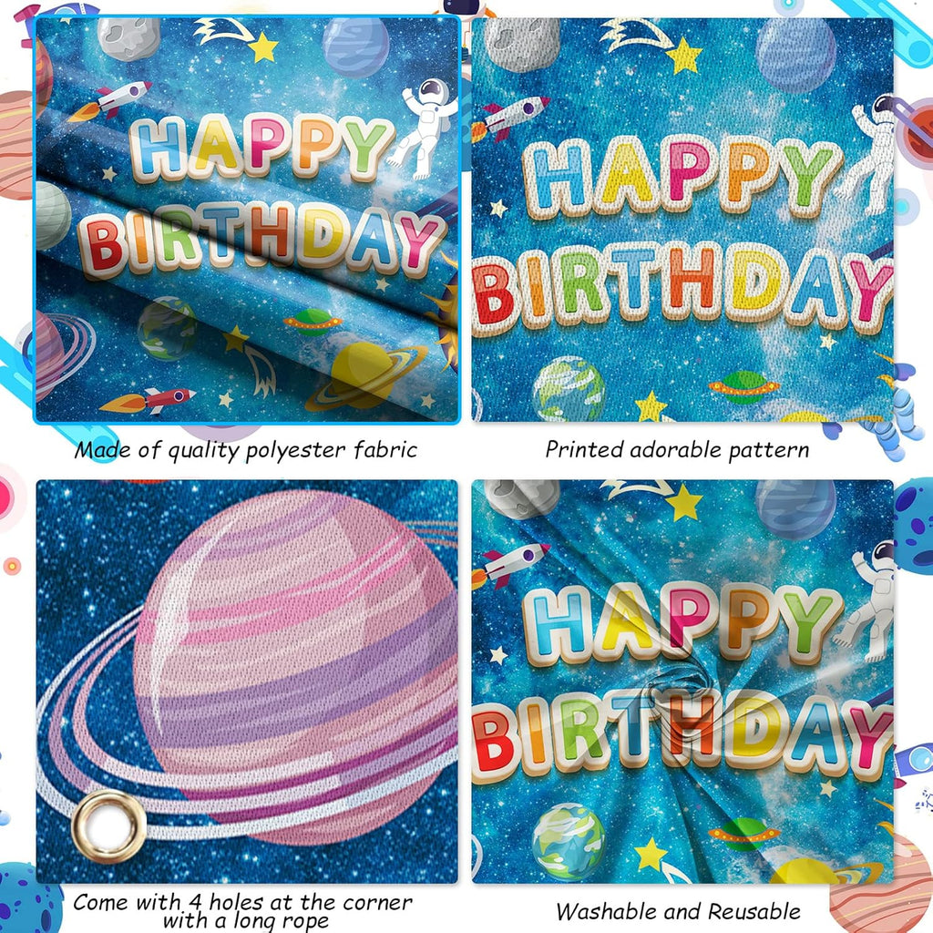 Space Happy Birthday Backdrop Banner - Large Blue Astronaut Galaxy Photo Background for Kids' Party Decor