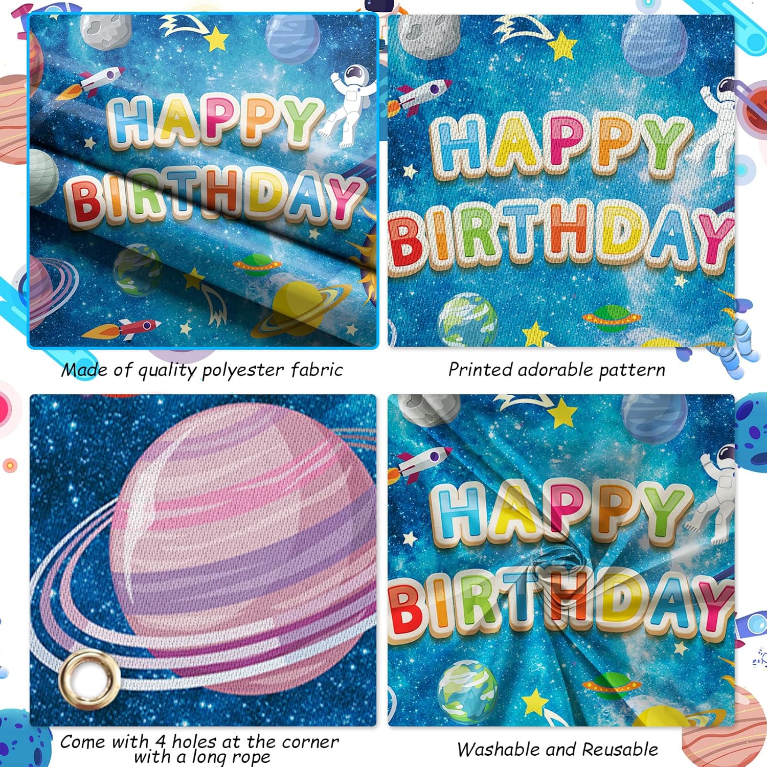 Space Happy Birthday Backdrop Banner - Large Blue Astronaut Galaxy Photo Background for Kids' Party Decor