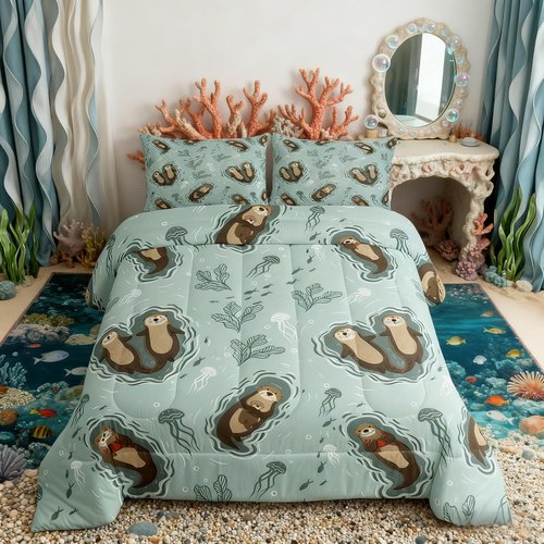 Manfei Cartoon Otters Boys Comforter Set Twin Size,Seaweed Jellyfish Sea Animals Bedding Set 2pcs for Kids Teens Home Room Decor,Ocean Lake Girly Quilt Set,Kawaii Teal Duvet Insert,1 Pillowcase
