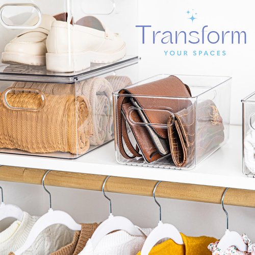 Plastic Food Storage 2 Pack Clear Container Bin with Handles for Organizing Kitchen, Pantry, Refrigerator, Freezer, Pantry, Cabinet, Closet, Bathroom. 10”x6”x5”