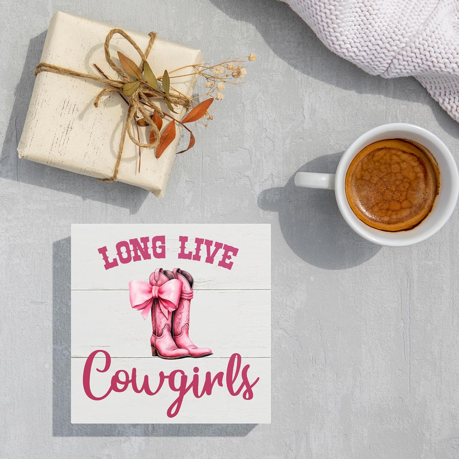 Regine Switzerland Pink Bow Western Cowgirl Decor Sign - Charming 5x5 Inch Wooden Box for Nurseries & Teen Rooms