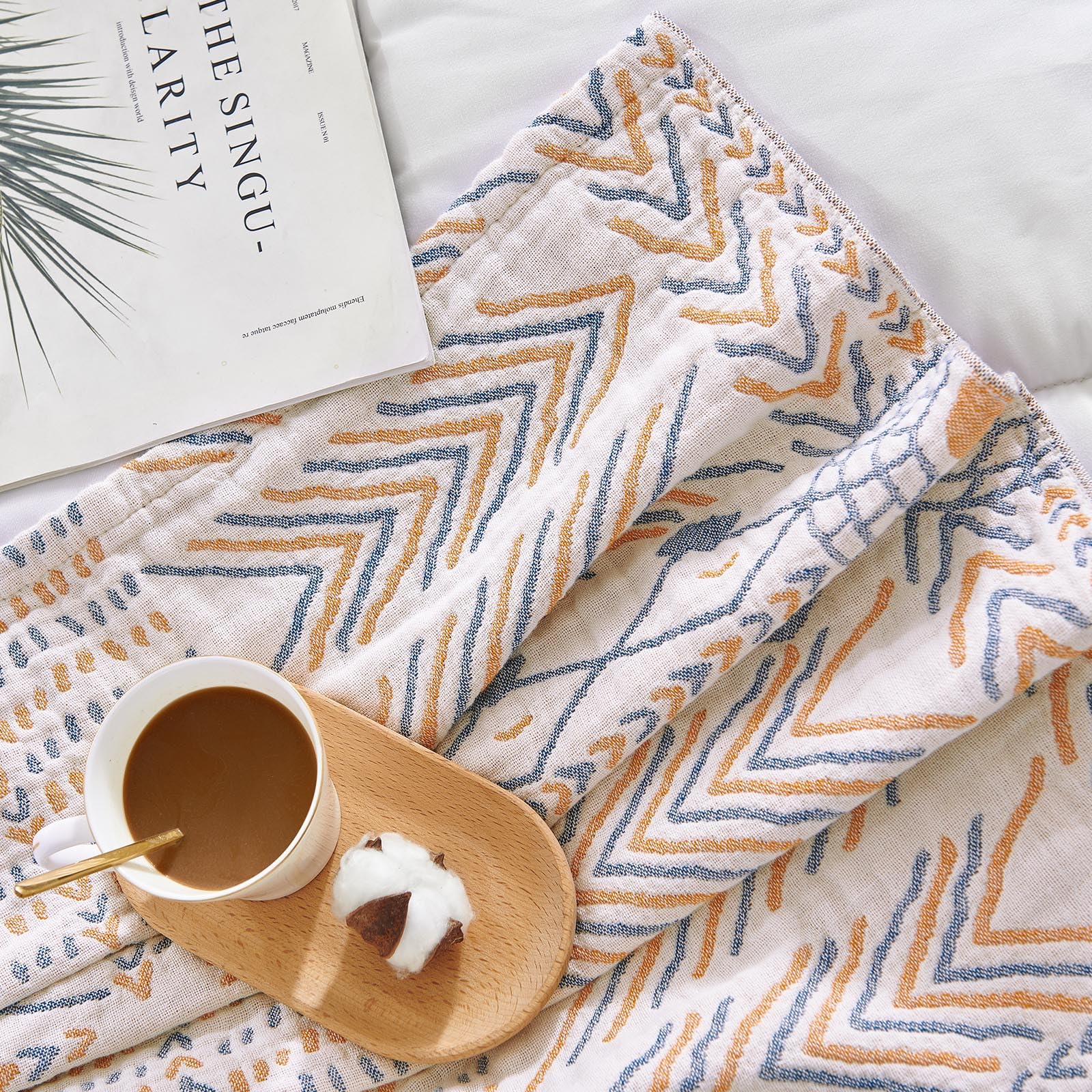 jinchan Boho 100% Cotton Muslin Twin Size 60x80 Throw Blanket Lightweight 4-Layer Orange Reversible Blanket Washable Breathable Geometric Striped Pattern Soft Comfy for Couch Bed Decor All Seasons