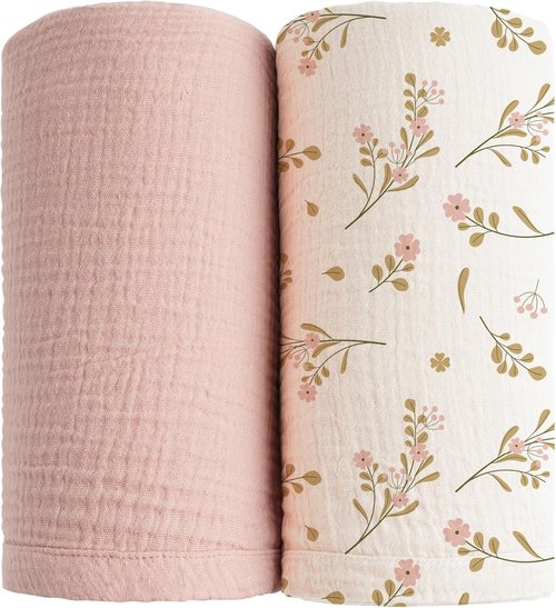 Konssy Muslin Swaddle Blankets - Soft & Breathable 2-Pack Receiving Blankets | Large 47 x 47 Inches (Pink, Floral)