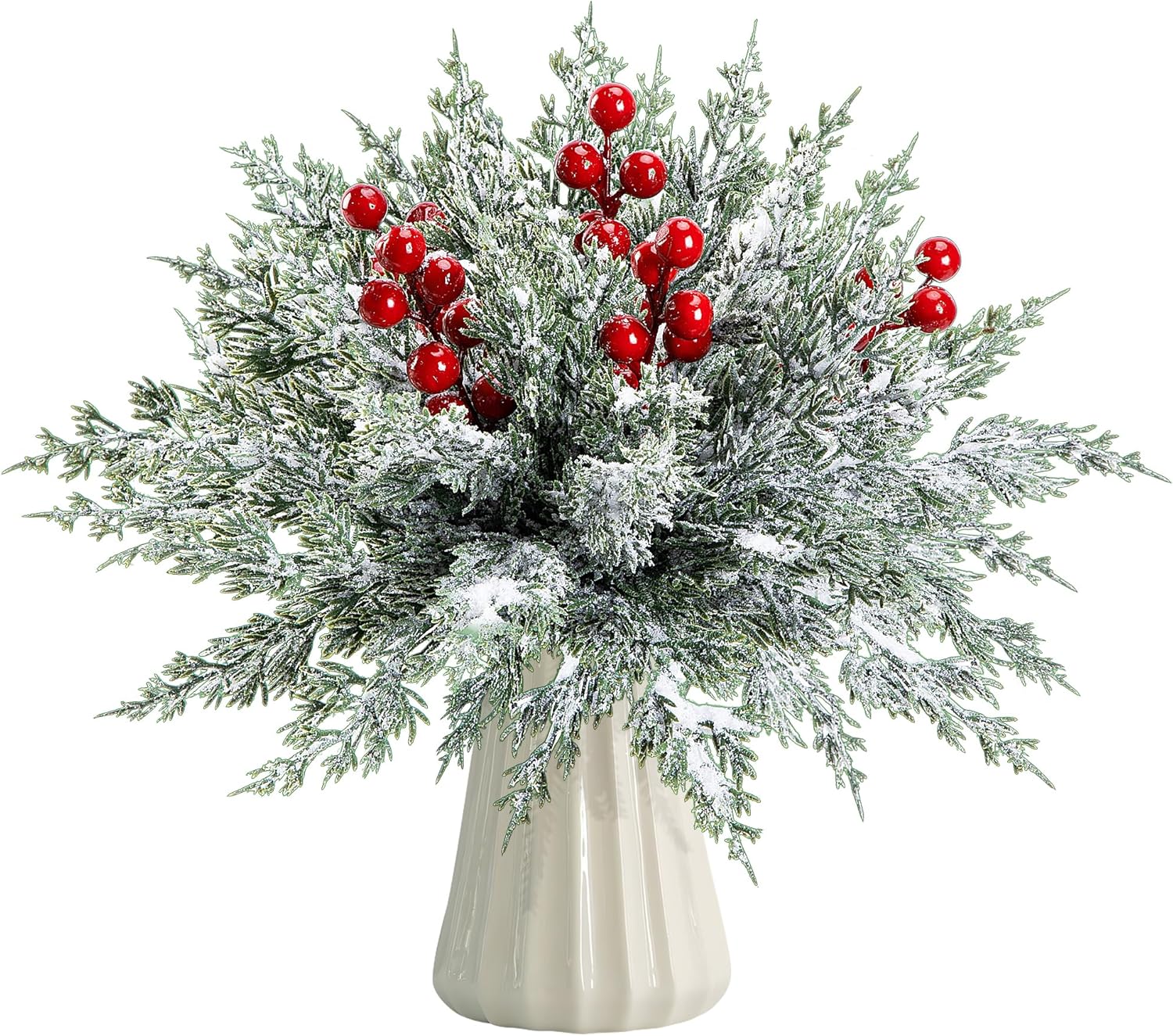 Skiennix 45 Pcs Artificial Christmas Snow Pine Branches - Snowy Faux Greenery with Red Berries for Festive Home Decor