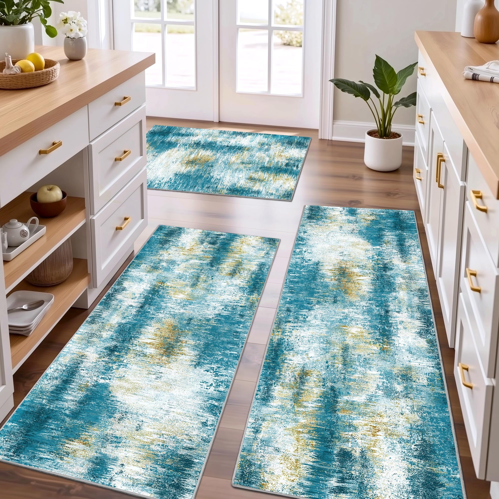 Tritard Upgrade Non Slip Kitchen Rugs Sets of 3 Washable Kitchen Mats for Floor Abstract Kitchen Runner Rug Ultra Soft Floor Mat Set Kitchen Carpet Rugs for Hallway, Laundry, Entryway, Office, Teal