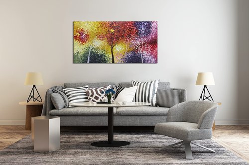 Tiancheng Art,24x48 inch 100% Hand-Painted Oil Painting Tree Wall Art Pieces Framed Canvas Paintings Contemporary Artwork Ready to Hang for Home Decoration Kitchen Office Wall Decor