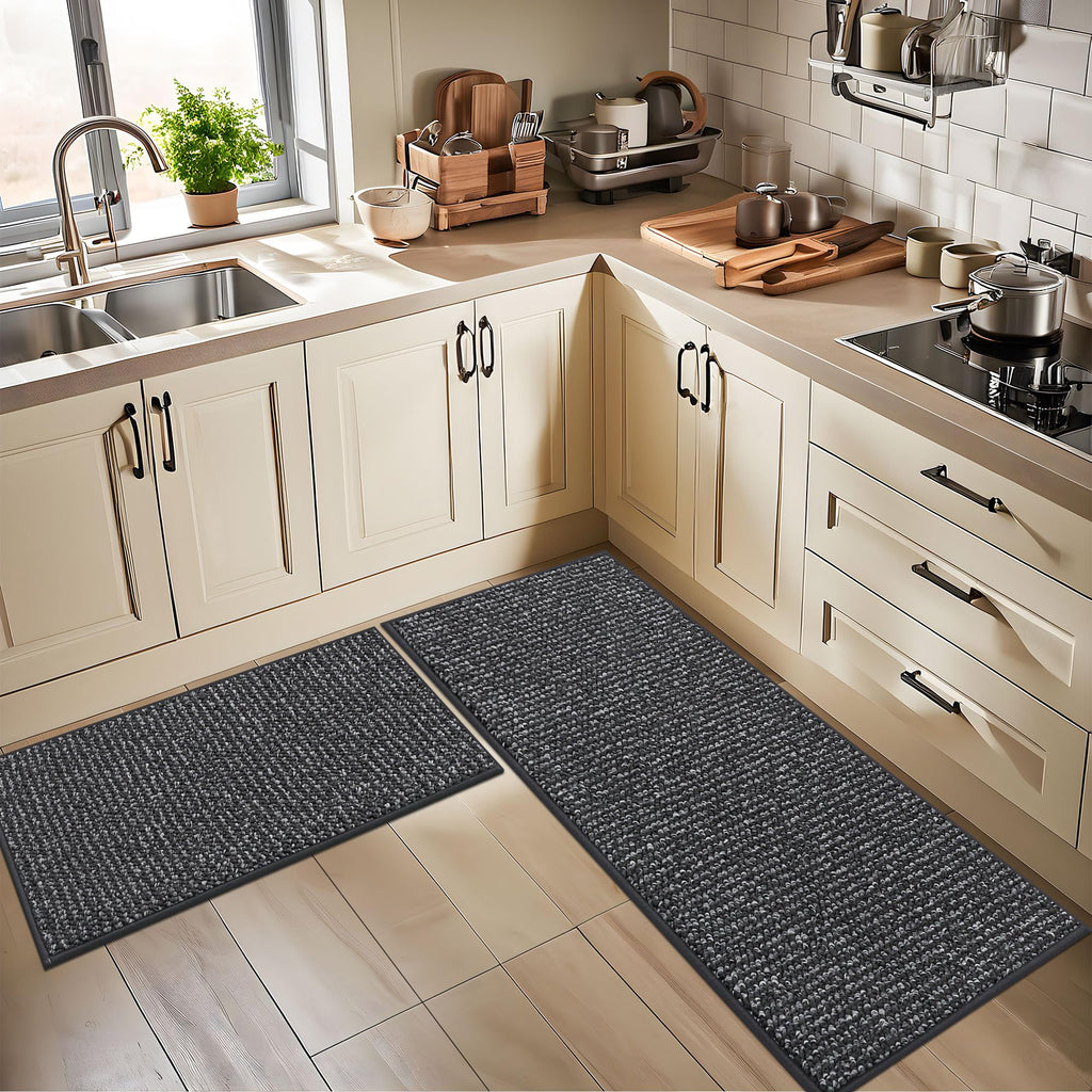 BEQHAUSE Kitchen Rugs and Mats 2PCS, Non-Slip Kitchen Mats for Floor, Absorbent and Stain Resistant Kitchen Runner, Machine Washable Rugs for Kitchen, Laundry & Sink, 20"x32"+20"x48", Charcoal