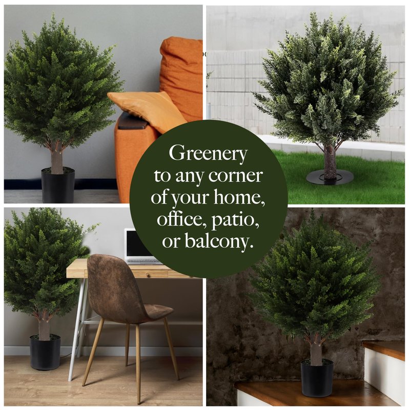 Artificial Cedar Topiary Tree, Indoor Outdoor Decorative Plant, Faux Evergreen Foliage (2, 15.7 inch Height (Leaves Diameter 15.7 inch))