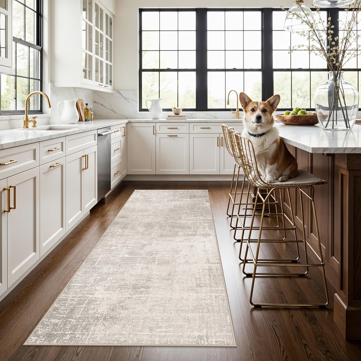 Skiennix 3x7 Washable Hallway Runner Rug - Abstract Stain Resistant | Ultra Soft Non-Slip Carpet in Beige/Cream