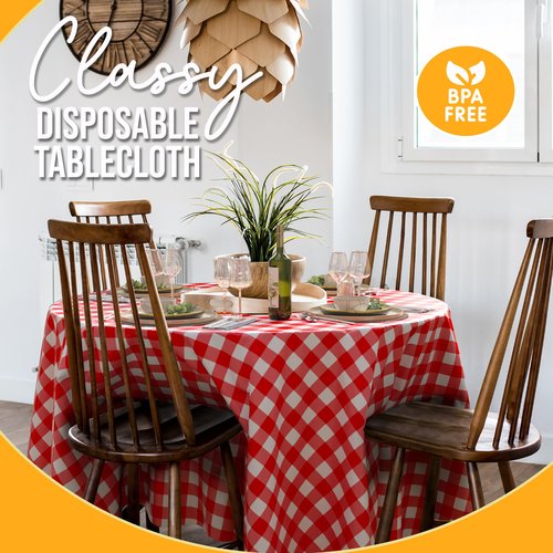 Exquisite Picnic Table Cover - 48 Pack Premium Round Plastic Tablecloth - Red & White Checkered BBQ Table Cover - Gingham Checkerboard Disposable Plastic Tablecloth 84 inch Round