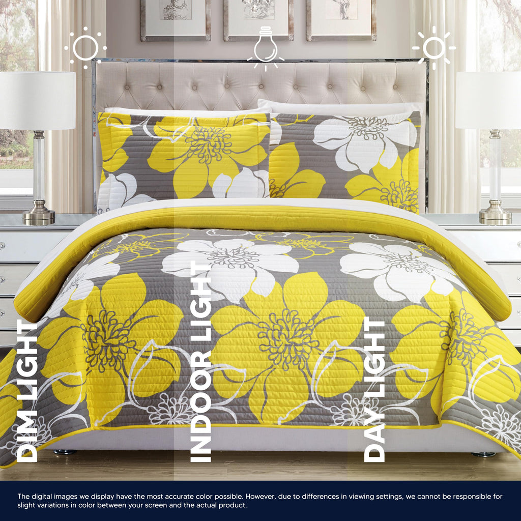 Chic Home - QS1768-AN 3 Piece Woodside Abstract Large Scale Floral Printed with 2 Shams Quilt Set, Queen, Yellow