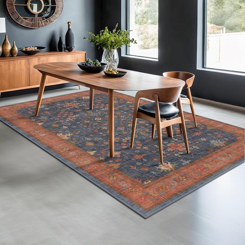 Hazo Haus 6x9 Dining Room Rug - Washable Non-Slip Area Rug in Navy Blue & Terracotta Vintage Boho Design