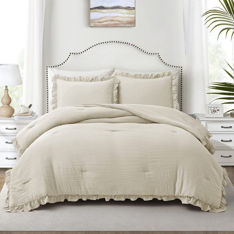 Bonlino Bedding Comforter Set Queen - 3 Pieces Farmhouse Comforter Ruffle Boho Bed Comforter, Fluffy Soft Lightweight Bedding Chic Rustic Country Style for Home Bedroom Dorm (Queen, Wheat)