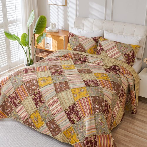 Cmfshape Floral Quilt Sets Bedspread Set 100% Cotton Patchwork Bedding Set, All Season Use Lightweight Reversible Coverlet Quilts with 2 Pillow Shams(King 106"x96")