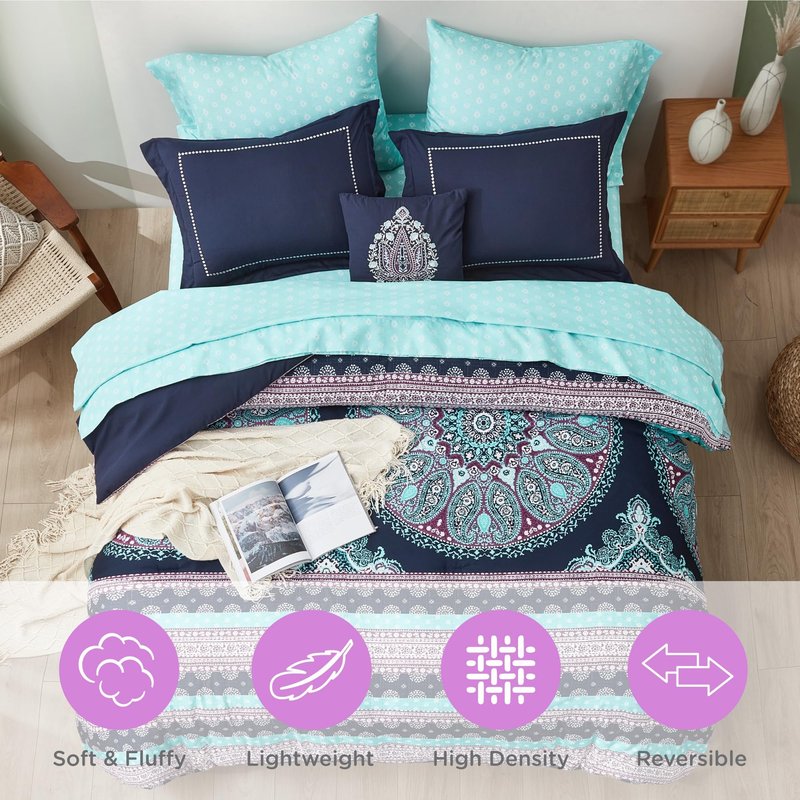 Degrees of Comfort Teen Twin Complete Comforter Sets for Girls, Boho Medallion Tween Bed in A Bag 6 Piece, Blue Microfiber Bedding Set with Sheets, Matching Decorative Pillow