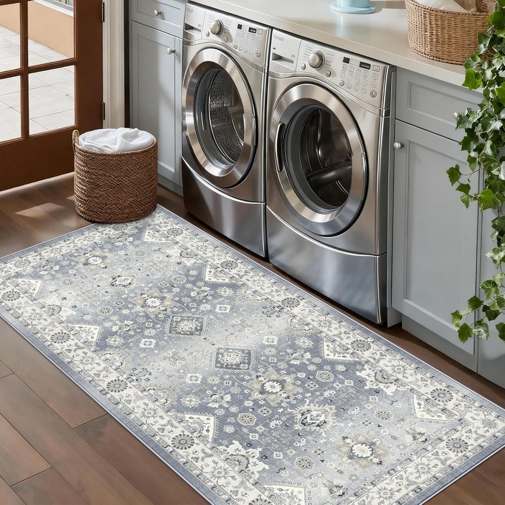 Skiennix 3x6 Vintage Washable Runner Rug - Non-Slip Soft Carpet for Kitchen & Entryway | Grey