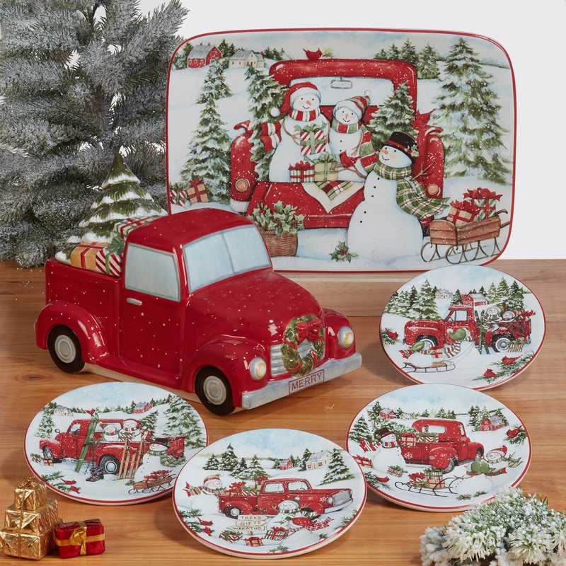 Red Truck Snowman Set of 4 Ceramic Dinner Plates – Add classic holiday charm to your table with these beautifully detailed plates featuring vintage red trucks and cheerful snowmen 10.25"