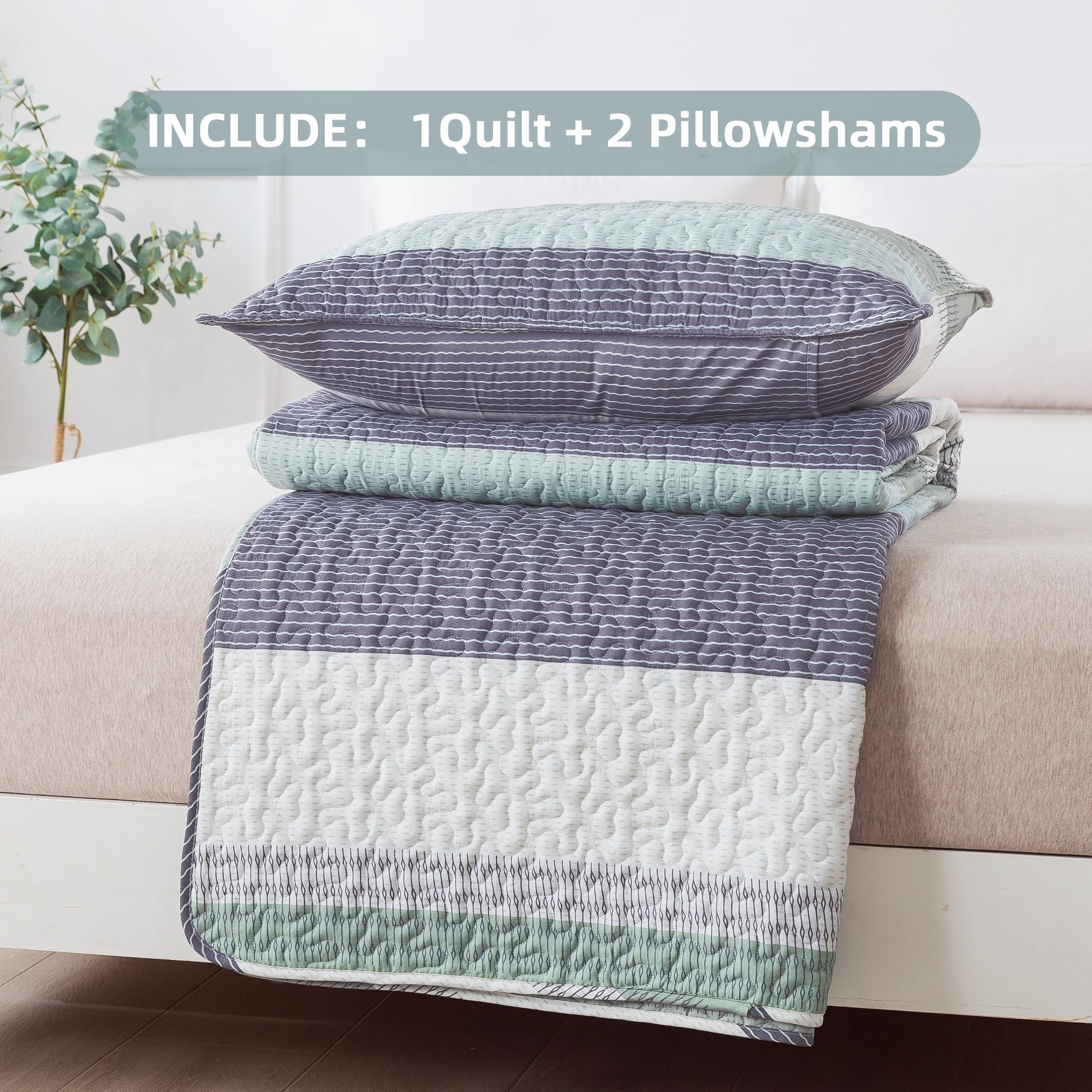 Andency Stripe Quilt Set Cal King(104x112 Inch), 3 Pieces (1 Striped Quilt and 2 Pillowcases) Patchwork Bedspread Coverlet Set, Lightweight Soft Microfiber Quilted Bedding Set