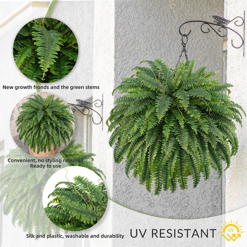 FOREST PRINCE 50" Artificial Boston Ferns, Fake Bush Plants, Large Faux Ferns with 96 Fronds for Outdoors Home Decor