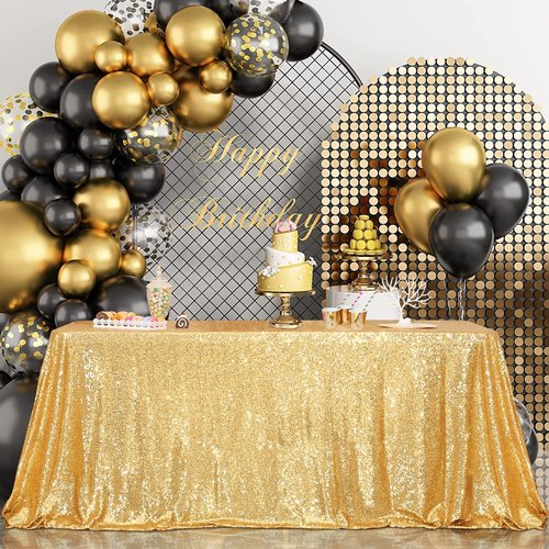 PartyDelight Gold Sequin Tablecloth 60x102 Rectangle High-Density 3mm Sequins Sewn on Mesh for 6ft Banquet Tables Shimmering Non-Shedding Table Cover for Weddings, Parties & Galas