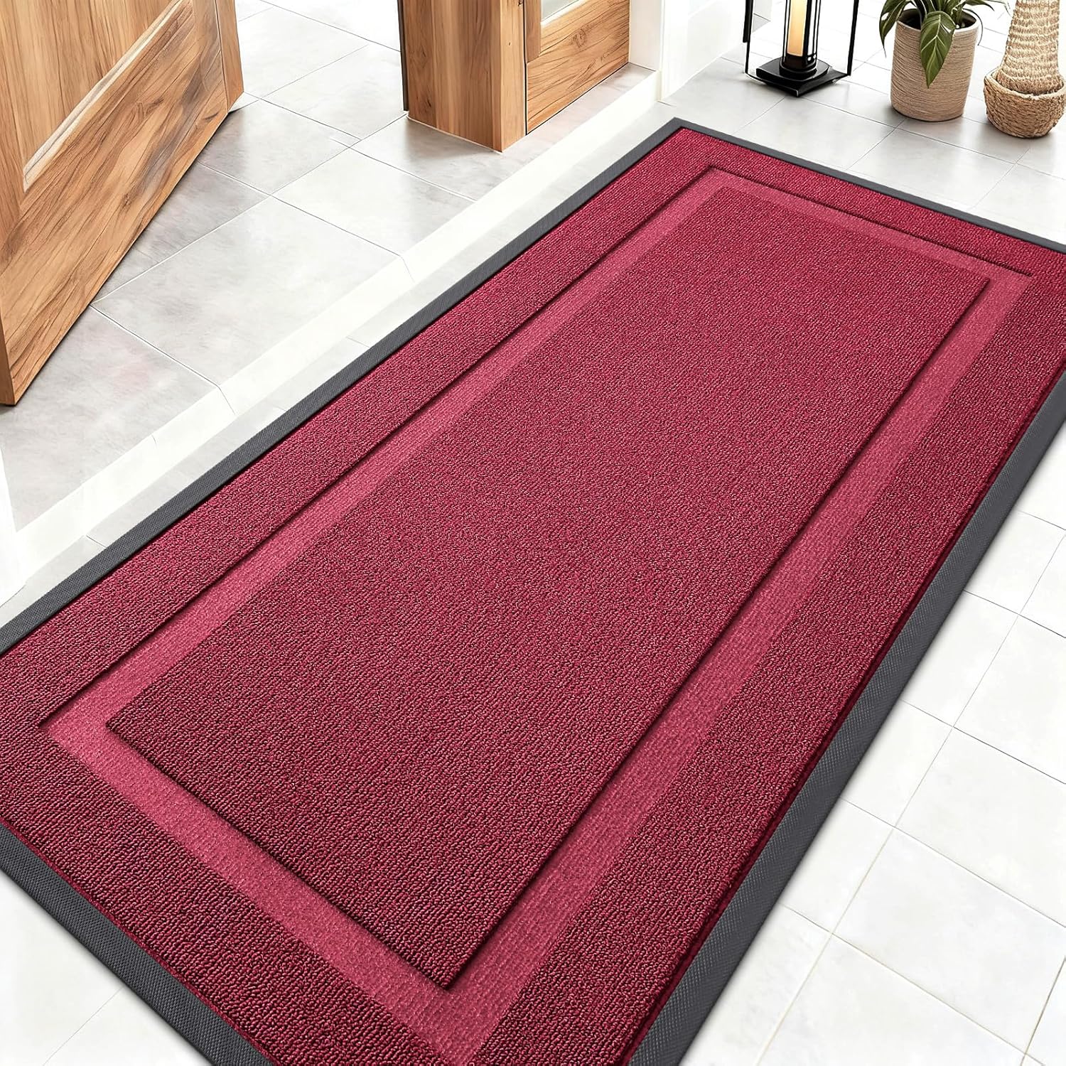 OLANLY Indoor Outdoor Front Door Mat - Waterproof All-Season Doormat, Easy Clean, 47x23, Burgundy