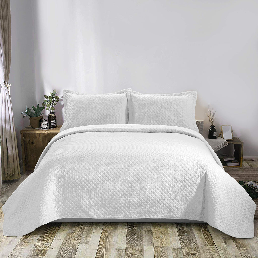 Chezmoi Collection Avon 3-Piece Diamond Stitch Pattern Soft-Finished Vintage Washed 100% Cotton Quilt Set (Queen, White)