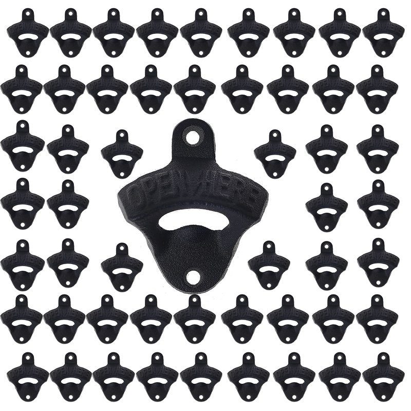 Jumiok 50 Packs Black Cast Iron Beer Bottle Opener Wall Mounted Soda Cap Opener Bulk Open Here for Bar DIY Board Table Cooler