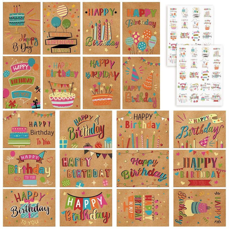 Lemosae 200 Set Unique Happy Birthday Card Bulk with Envelope and Sticker Blank Greeting Card Large 5 x 7 Inch Suitable for Office Kids Women Men, 20 Styles(Retro Style)