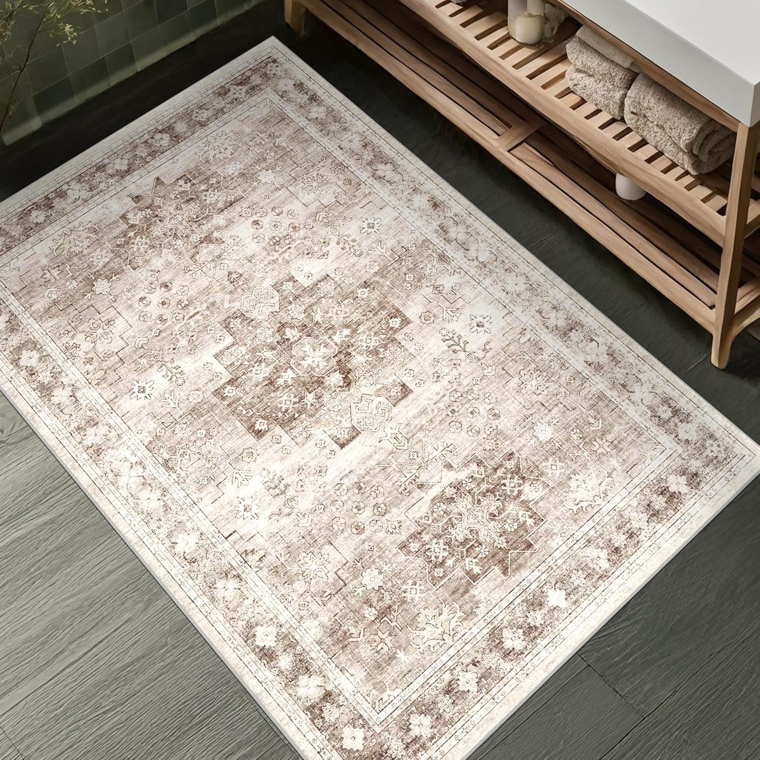 Regine Switzerland Washable Large Entryway Rug - Boho Vintage Floral Design | Non-Slip, Stain Resistant, 3x4 Beige/Latte