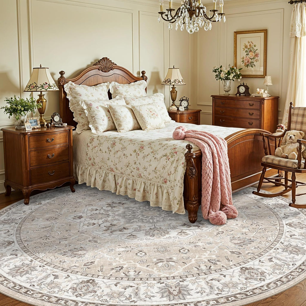 Washable 8ft Round Area Rug - Soft, Non-Slip Oriental Carpet for Living Room & Bedroom | Stain Resistant Beige